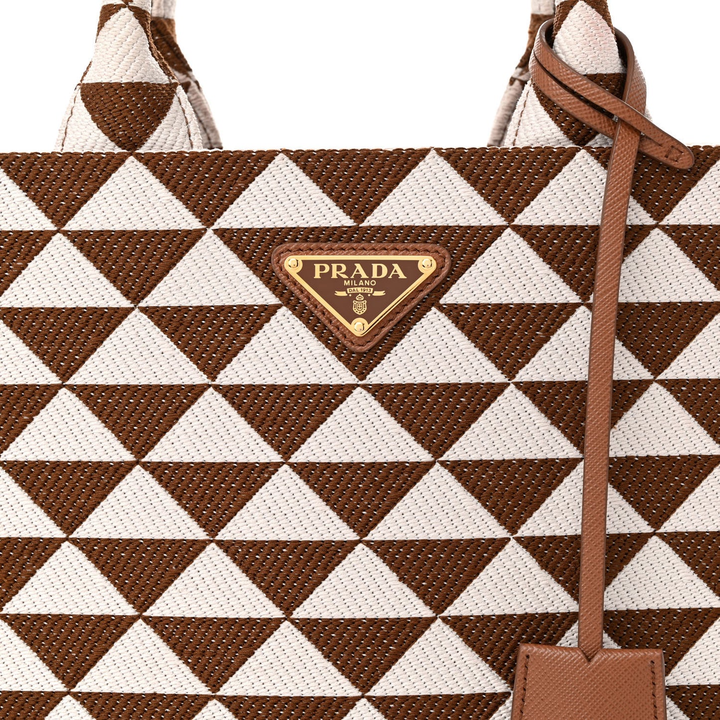 Jacquard Saffiano Triangolo Symbole Embroidered Small Tote Tobacco Talco