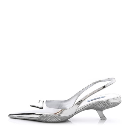 Prada Spazzolato Triangle Logo Pointed Toe 45mm Slingback Pumps 37.5 Argento 1 of 8