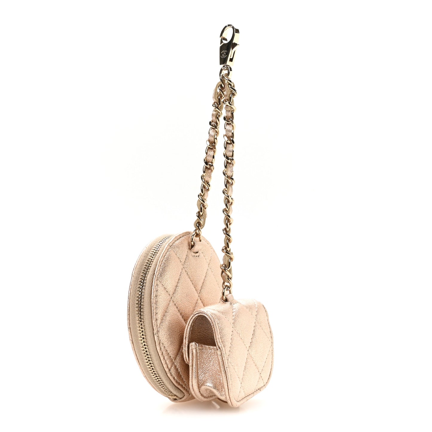 Metallic Lambskin Quilted Round Clip On Coin Purse Airpods Case Gold