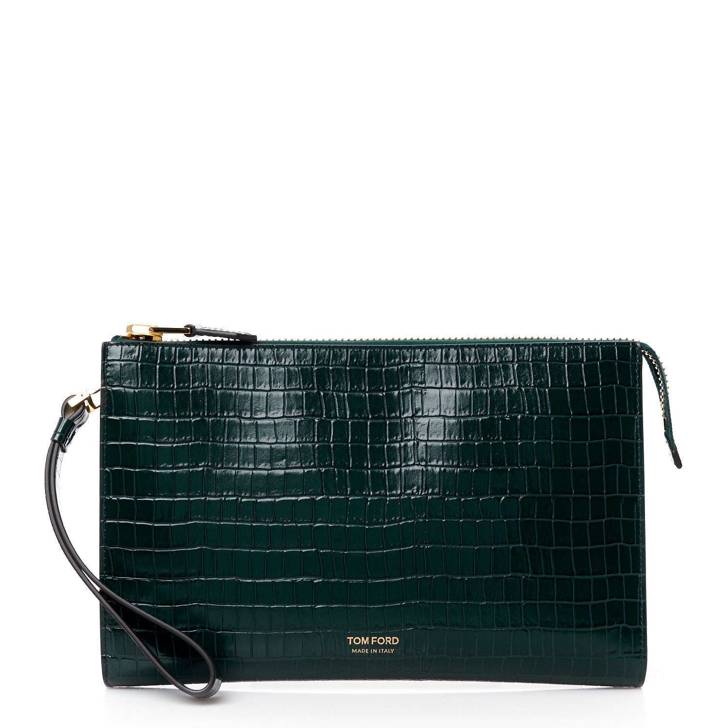 Tom Ford Calfskin Crocodile Embossed Zip Clutch Bottle Green 1 of 11