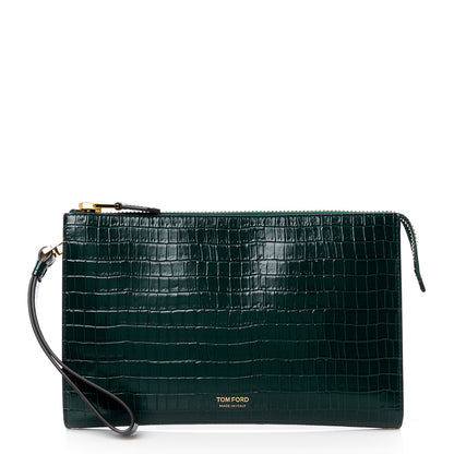 Tom Ford Calfskin Crocodile Embossed Zip Clutch Bottle Green 1 of 11