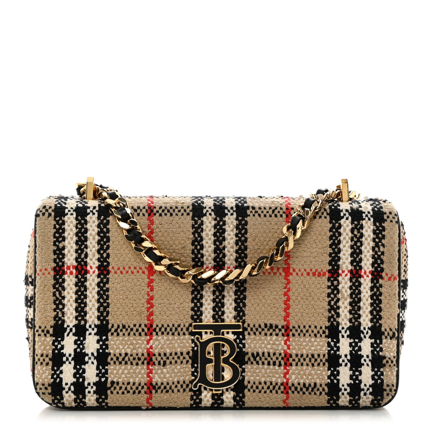 Calfskin Boucle Check Small Lola Chain Bag Archive Beige