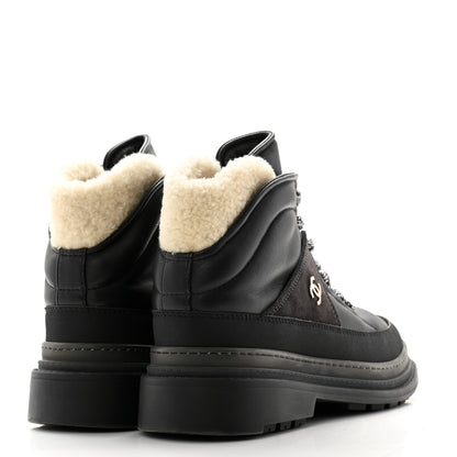 Chanel Lambskin Shearling Suede CC High Lace Up Boots 39 Black 4 of 8