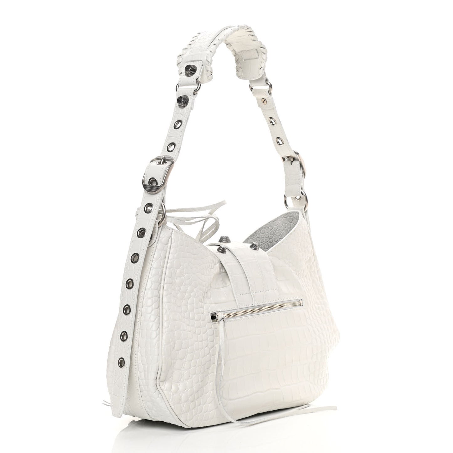 Extra Supple Calfskin Crocodile Embossed Medium Le Cagole Shoulder Bag White