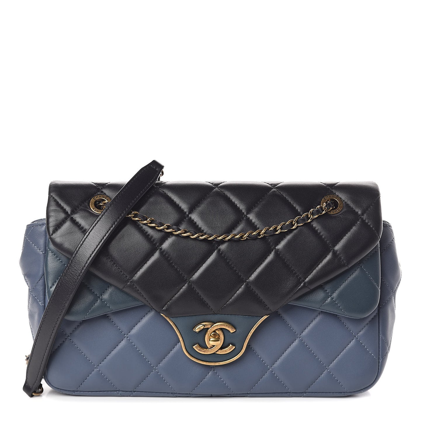 Lambskin Quilted Tri-Color Double Flap Blue Black Navy Blue
