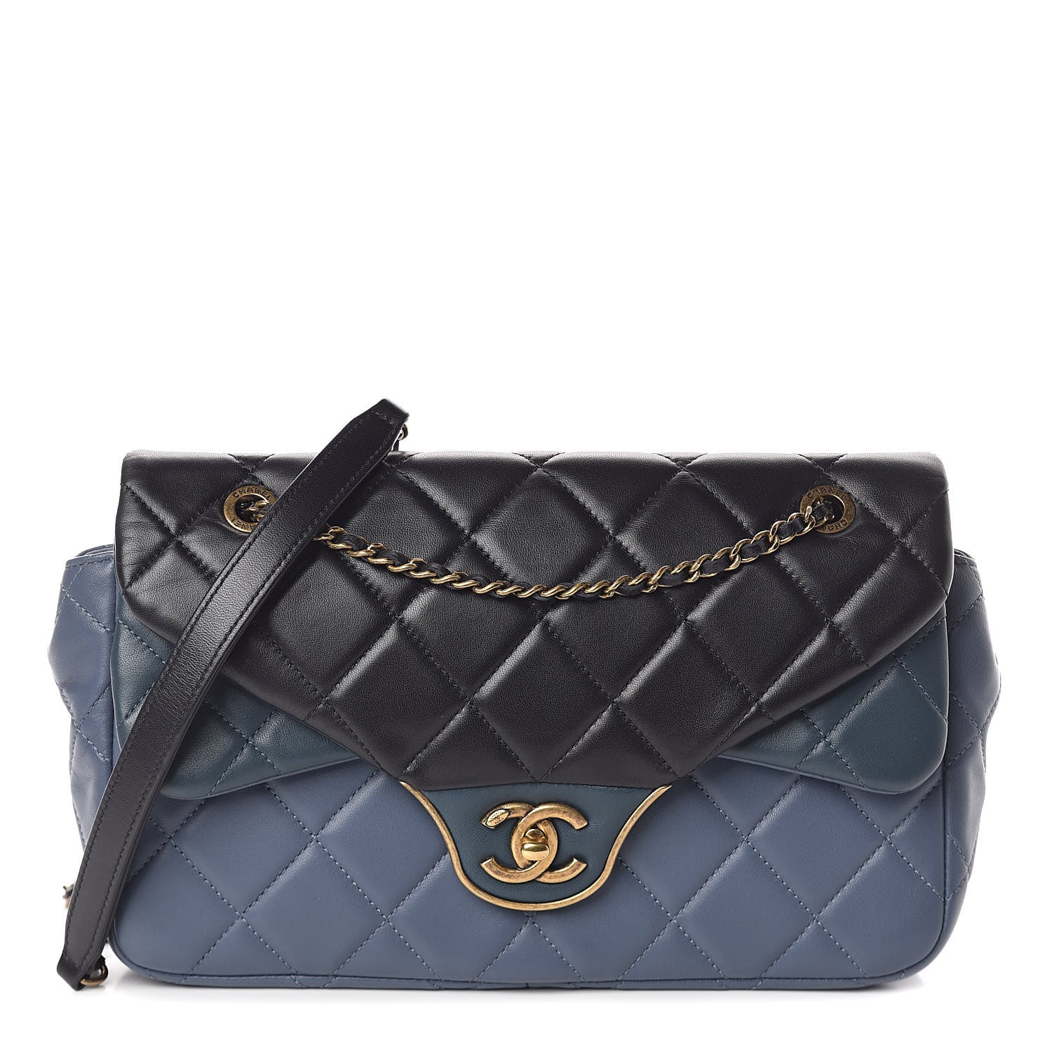 Chanel Lambskin Quilted Tri-Color Double Flap Blue Black Navy Blue 1 of 10
