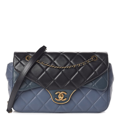 Chanel Lambskin Quilted Tri-Color Double Flap Blue Black Navy Blue 1 of 10