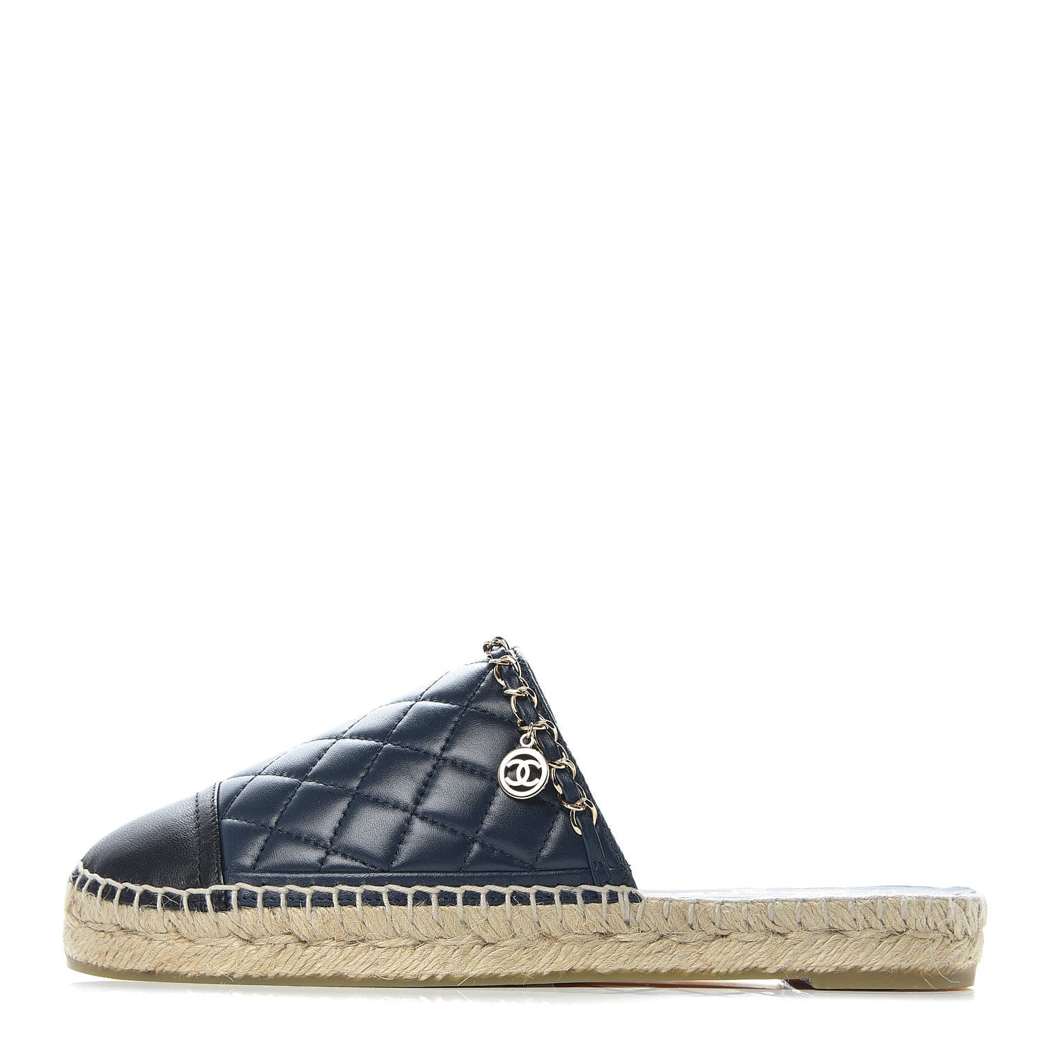 Chanel Lambskin Quilted CC Chain Espadrille Mules 38 Navy Black 1 of 14