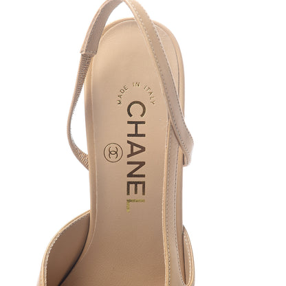 Chanel Goatskin Grosgrain Cap Toe CC Slingback Pumps 36 Beige Black 5 of 7