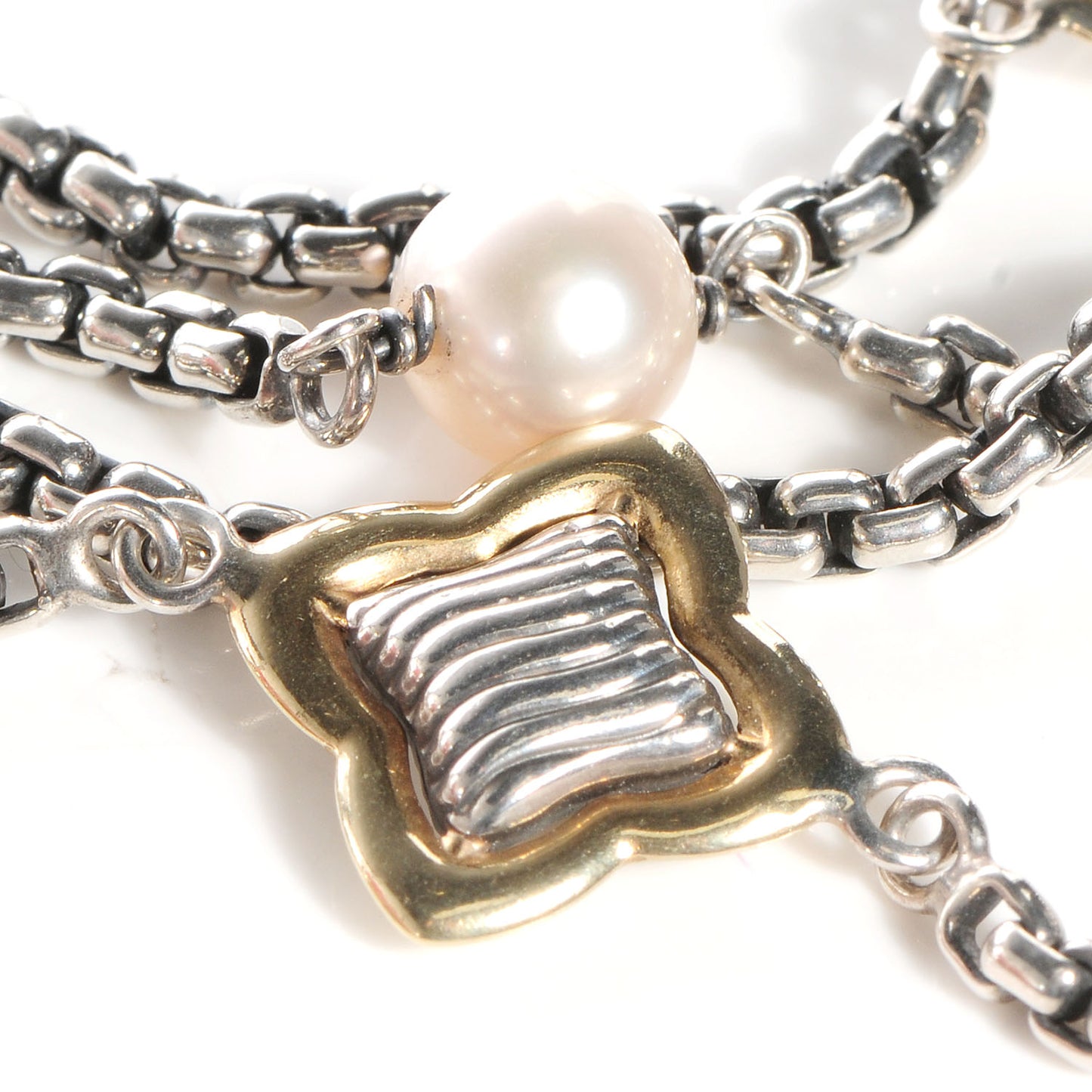 Sterling Silver 18K Yellow Gold Pearl Multistrand Quatrefoil Bracelet