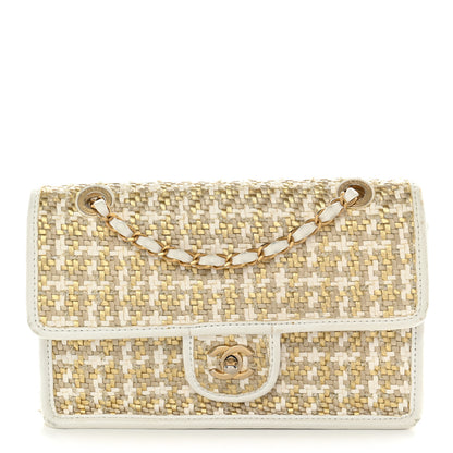 Chanel Metallic Lambskin Viscose Woven Flap Gold White 1 of 15