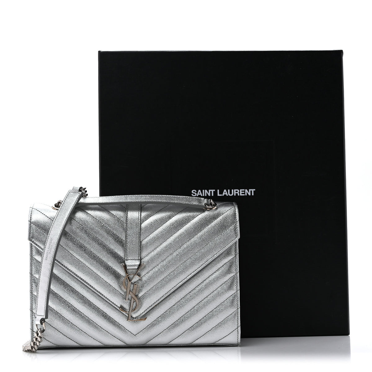 Saint Laurent Metallic Grain De Poudre Matelasse Chevron Medium Monogram Satchel Silver 14 of 14