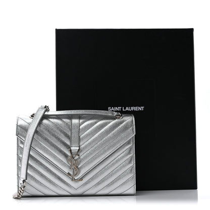Saint Laurent Metallic Grain De Poudre Matelasse Chevron Medium Monogram Satchel Silver 14 of 14
