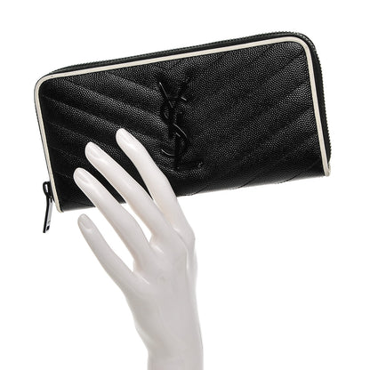 Saint Laurent Grain De Poudre Matelasse Chevron Monogram Zip Around Wallet Black Dove White 2 of 6