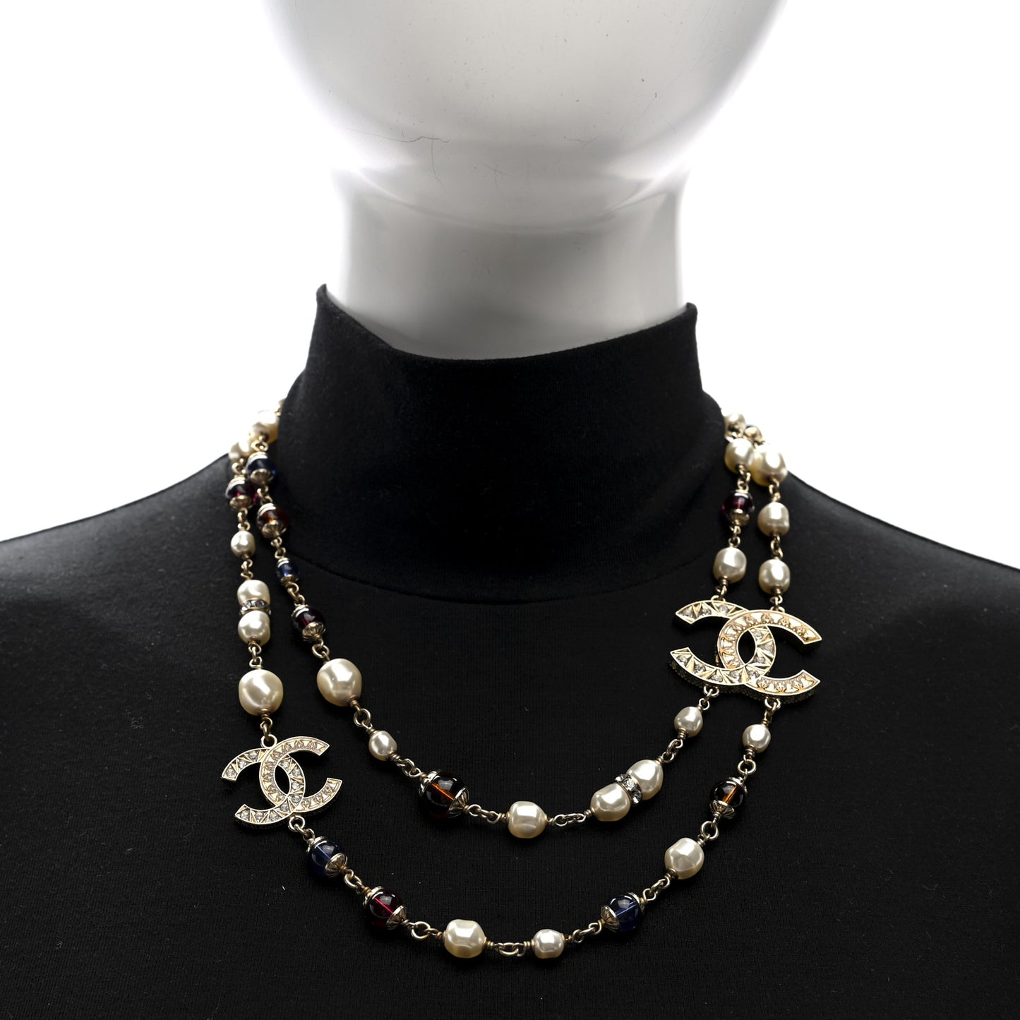 Pearl Crystal Resin CC Beaded Long Necklace Gold Pearly Gold Multicolor