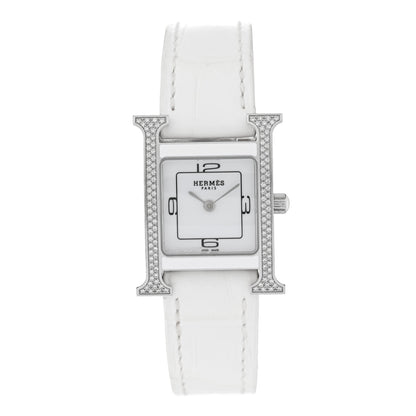 Hermes Stainless Steel Alligator Diamond Bezel Lacquer 21mm Heure H Hour Double Jeu Quartz Watch Blanc 1 of 5