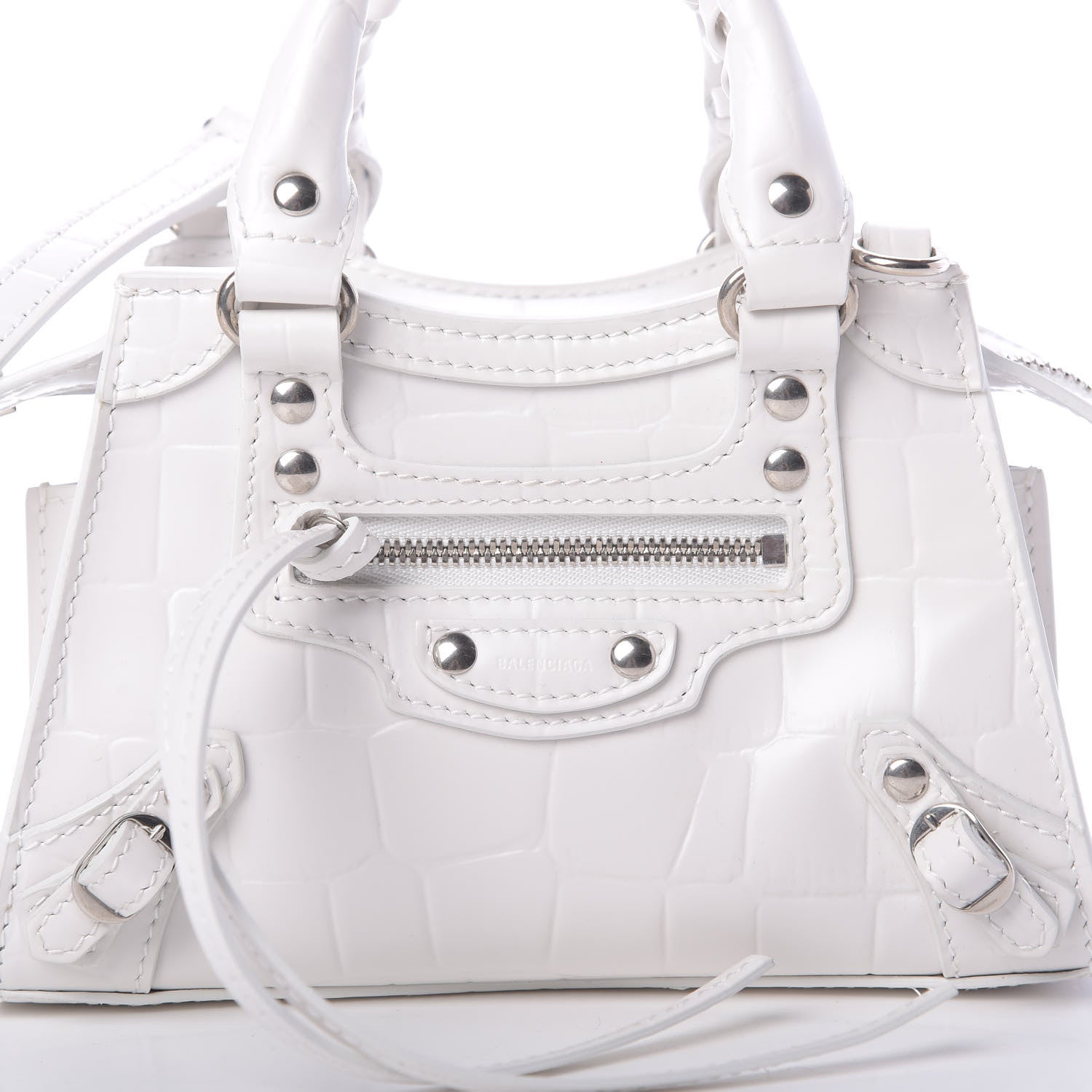 Balenciaga Semi Shiny Calfskin Crocodile Embossed Neo Classic Silver Hardware Nano City Crossbody White 8 of 10