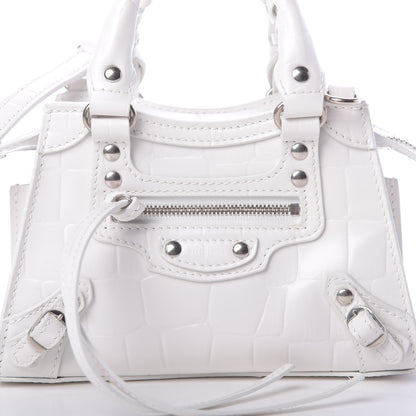 Balenciaga Semi Shiny Calfskin Crocodile Embossed Neo Classic Silver Hardware Nano City Crossbody White 8 of 10