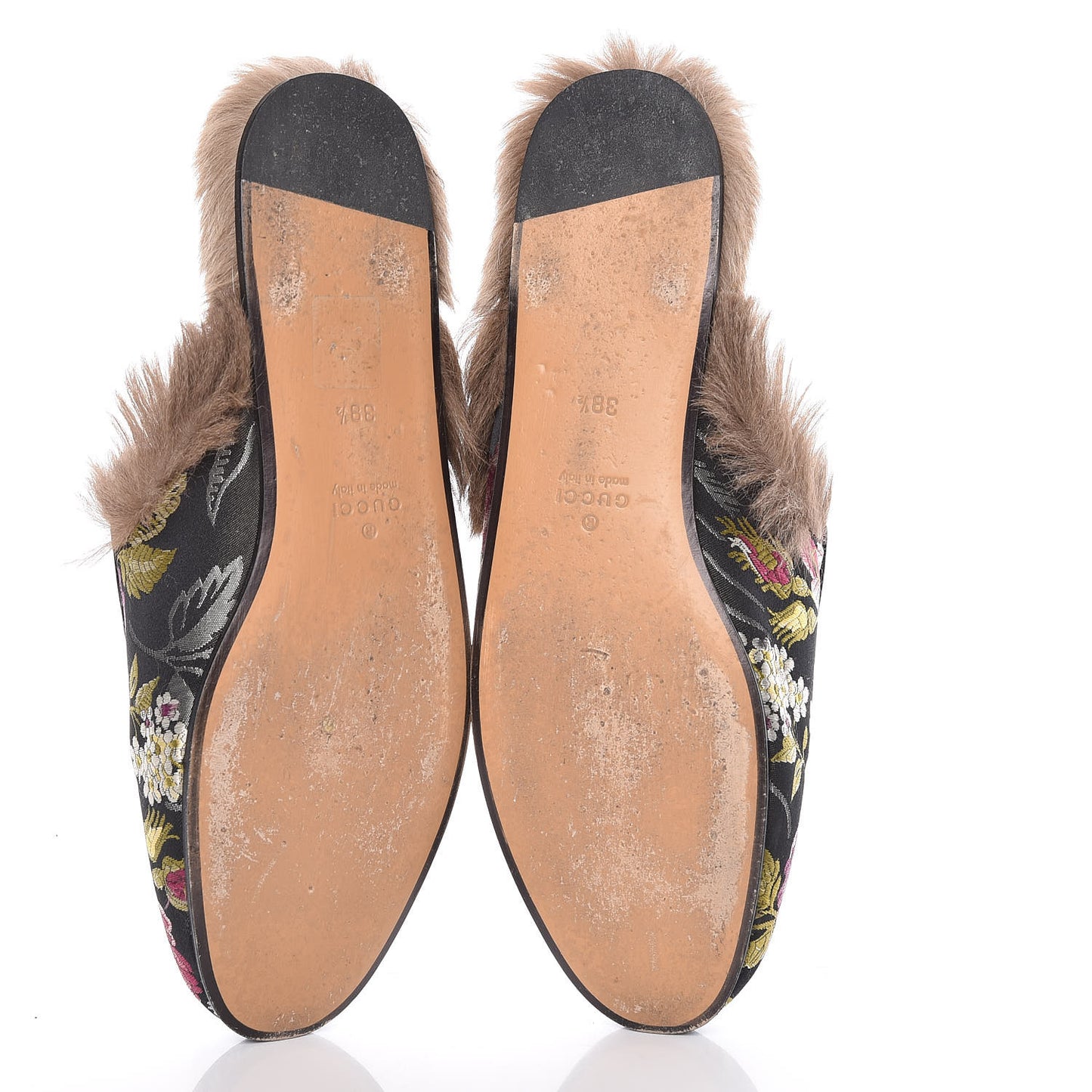Jacquard Fur Floral Embroidered Womens Princetown Slippers 38.5 Black Multicolor