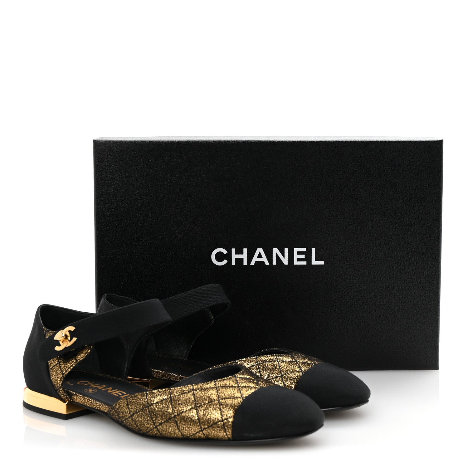 Chanel Laminated Suede Kidskin Grosgrain Quilted Cap Toe Ballerina Flats 37.5 Gold Black 10 of 10