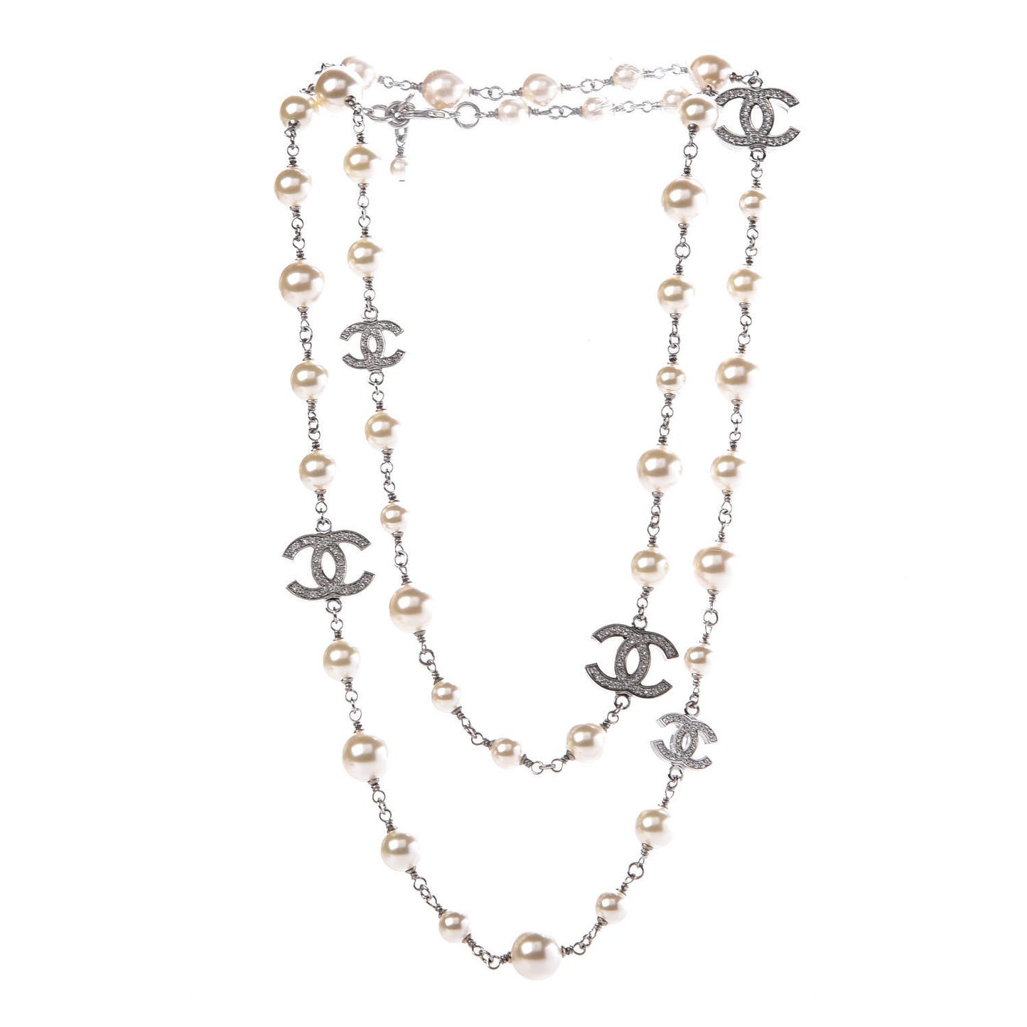 Crystal Pearl CC Long Necklace Silver