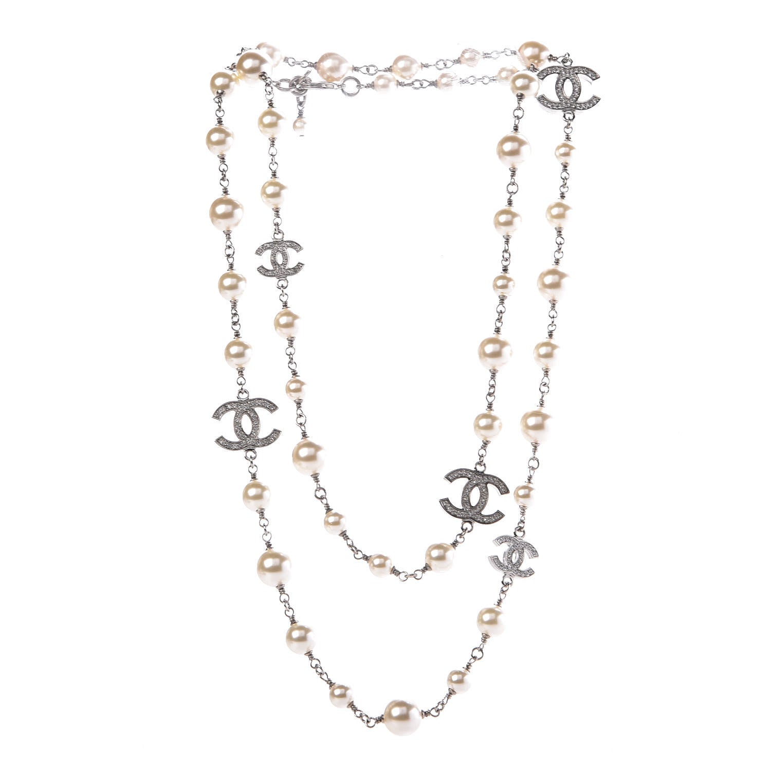 Chanel Crystal Pearl CC Long Necklace Silver 3 of 6