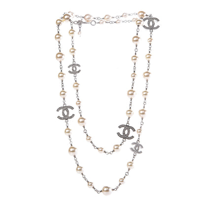 Chanel Crystal Pearl CC Long Necklace Silver 3 of 6