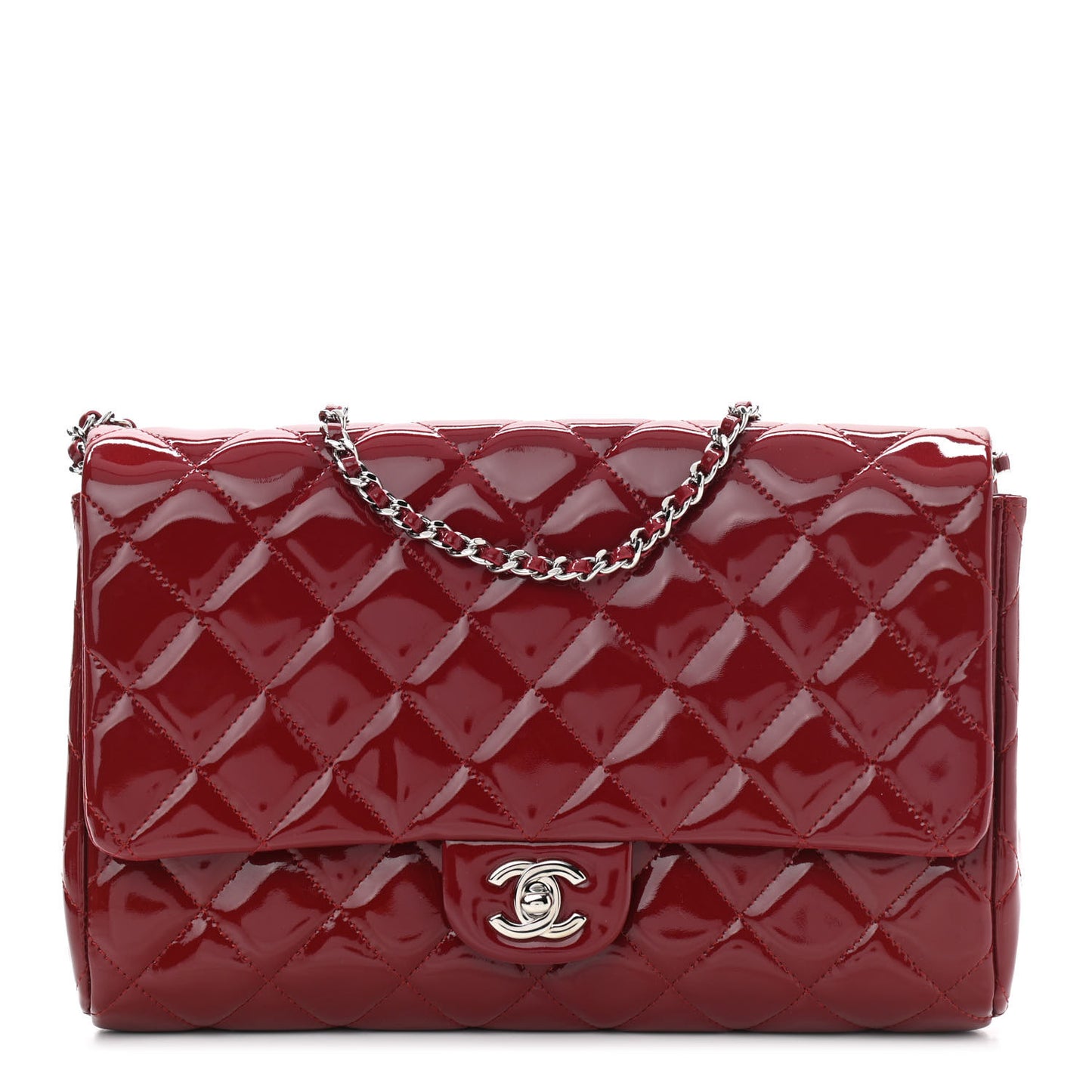 Patent Quilted Clutch With Chain Flap Red