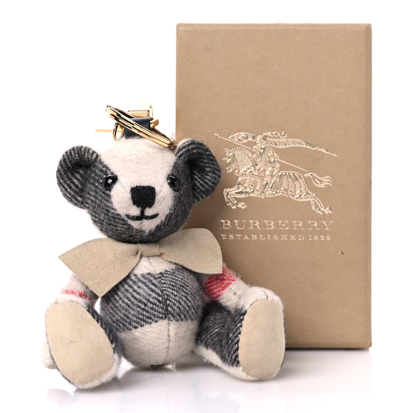 Cashmere Calfskin Thomas Bow Tie Teddy Bear Keychain Charm Archive Beige