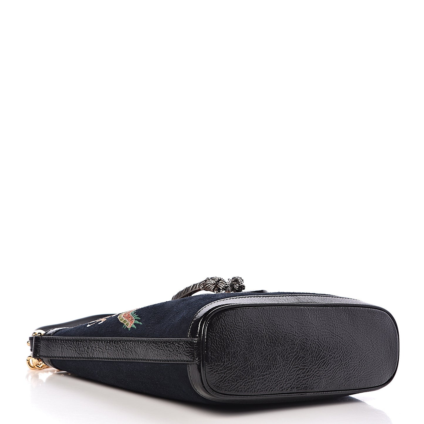 Suede Patent Dragon Embroidered Medium Dionysus Bucket Bag Dark Blue