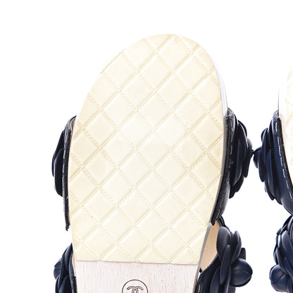 Chanel Lambskin Camellia Sandals 37 Navy Blue 12 of 15
