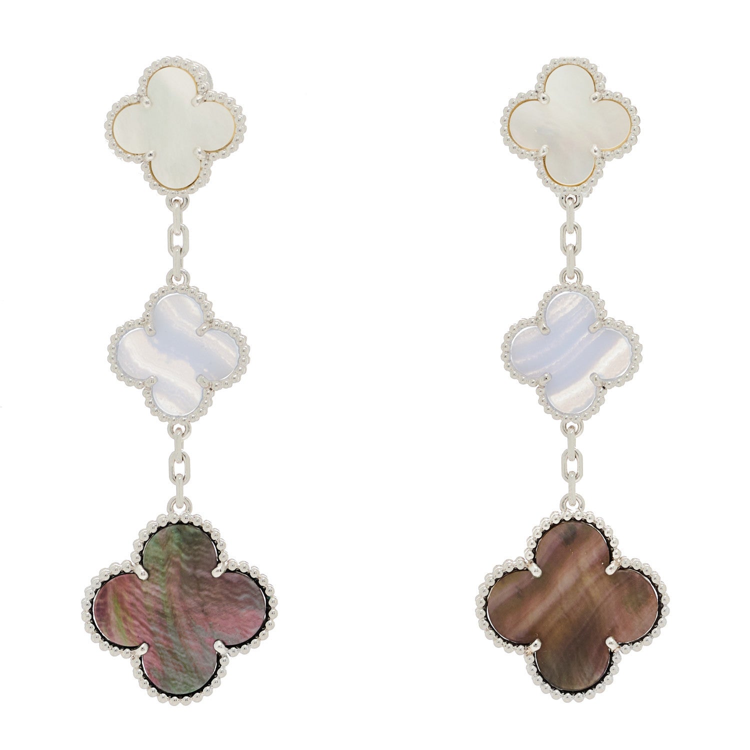 Van Cleef & Arpels 18K White Gold Mother of Pearl Chalcedony 3 Motifs Magic Alhambra Earrings 1 of 5