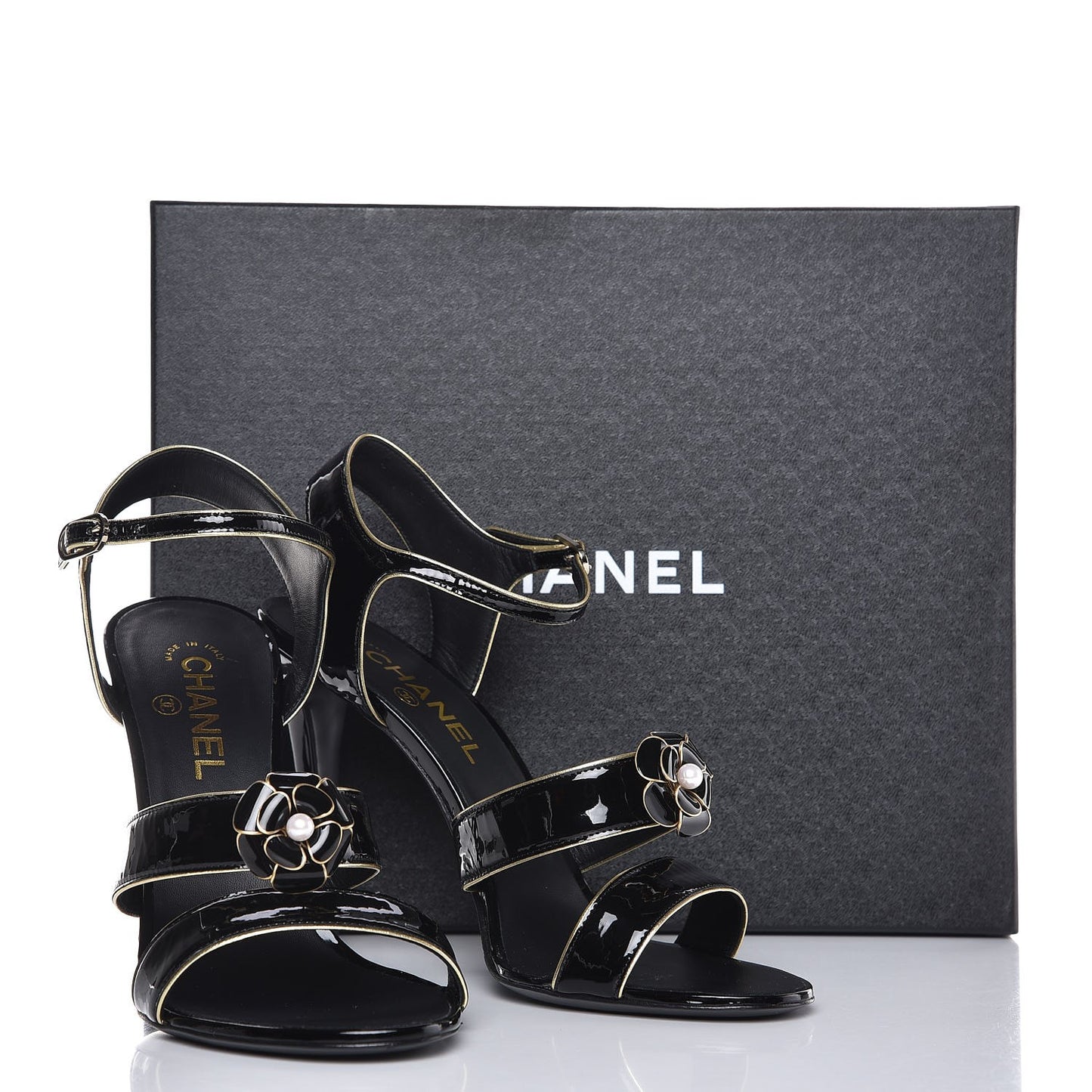 Patent Goatskin Camellia CC Sandals 41 Black Gold