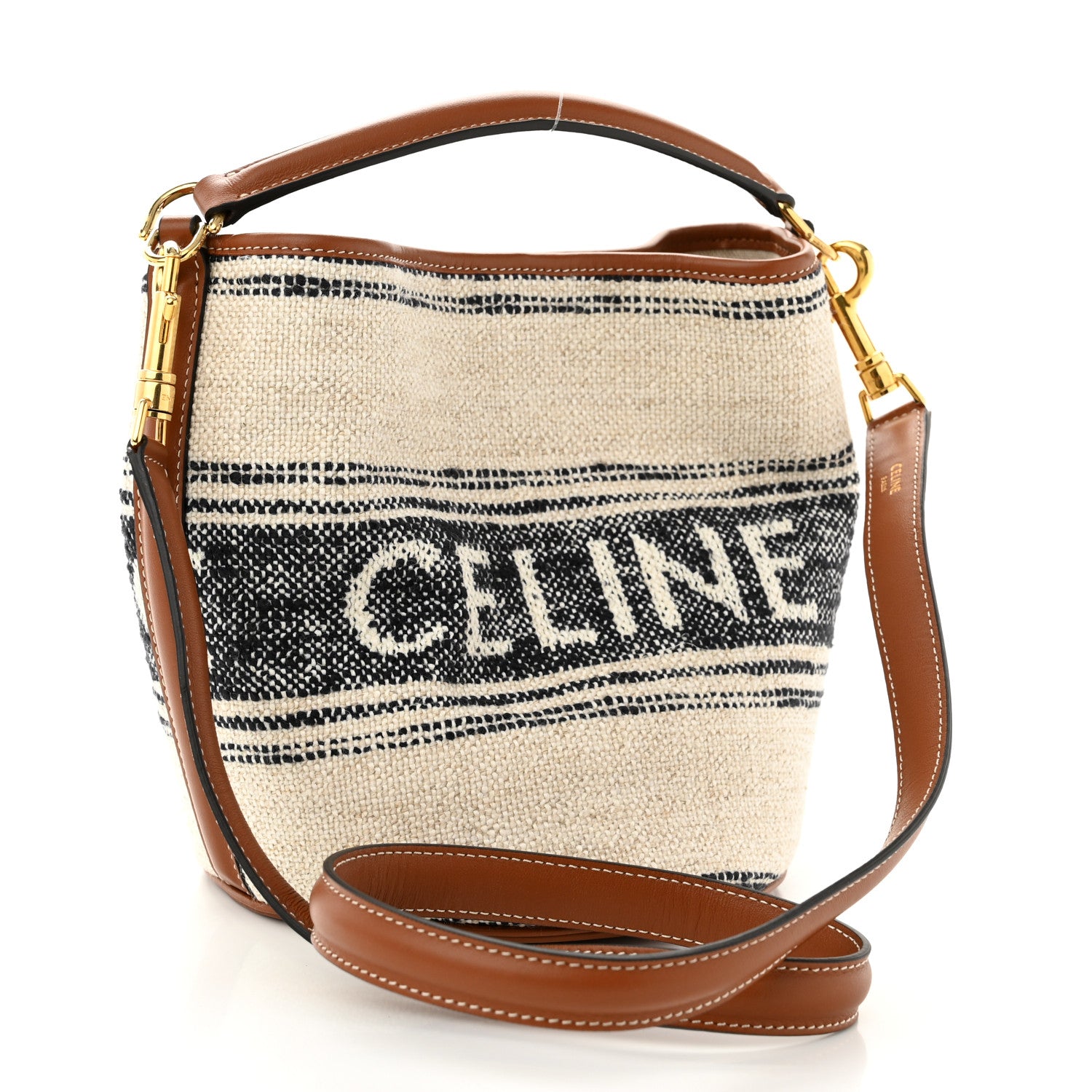 Celine Canvas Smooth Calfskin Teen Logo Bucket 16 Bag White Black 3 of 10