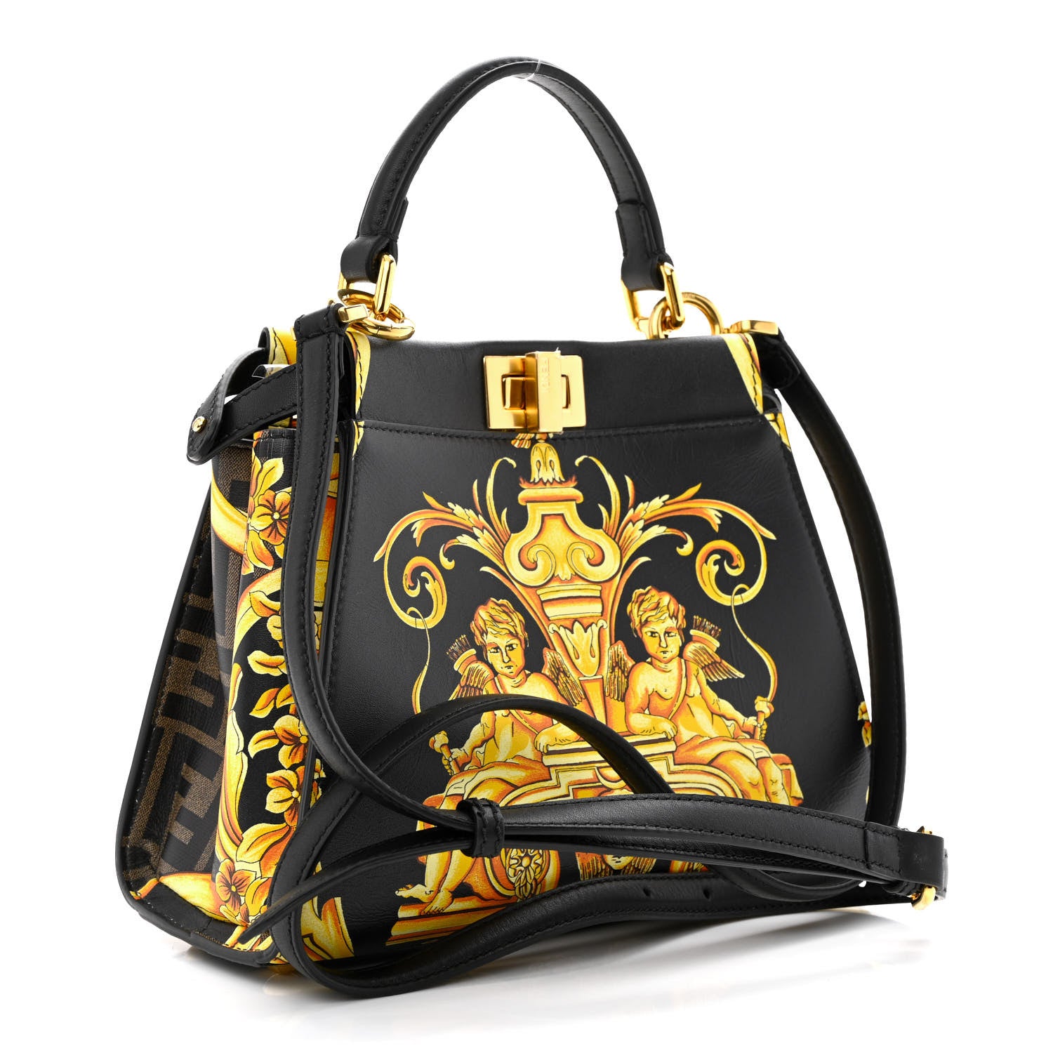 Fendi X VERSACE Vitello Seta Nappa Fendace FF Baroque Mini Peekaboo Iconic Satchel Tobacco Black Gold 3 of 10