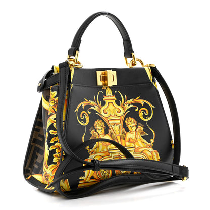 Fendi X VERSACE Vitello Seta Nappa Fendace FF Baroque Mini Peekaboo Iconic Satchel Tobacco Black Gold 3 of 10