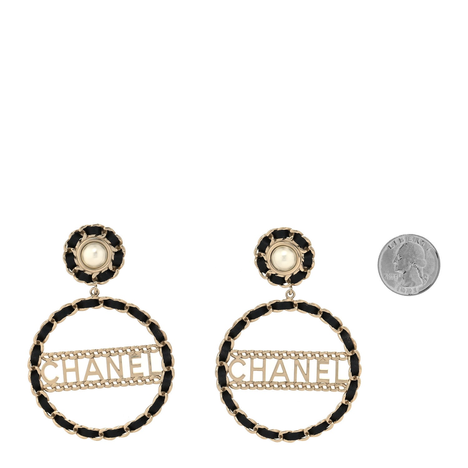 Chanel Pearl Lambskin Chain Logo Hoop Clip On Earrings Black Gold 2 of 5