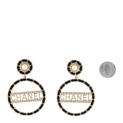 Chanel Pearl Lambskin Chain Logo Hoop Clip On Earrings Black Gold 2 of 5