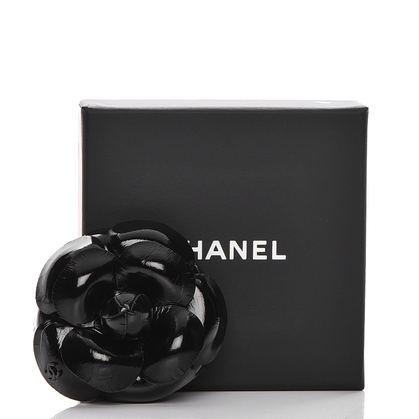 Glazed Calfskin Camellia Brooch Black