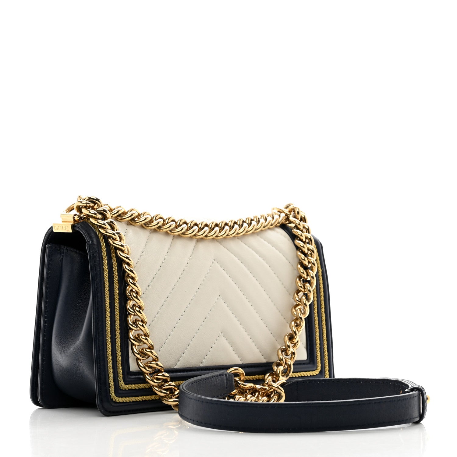 Chanel Calfskin Chevron Quilted Braided Medium Boy Flap White Navy 3 of 10