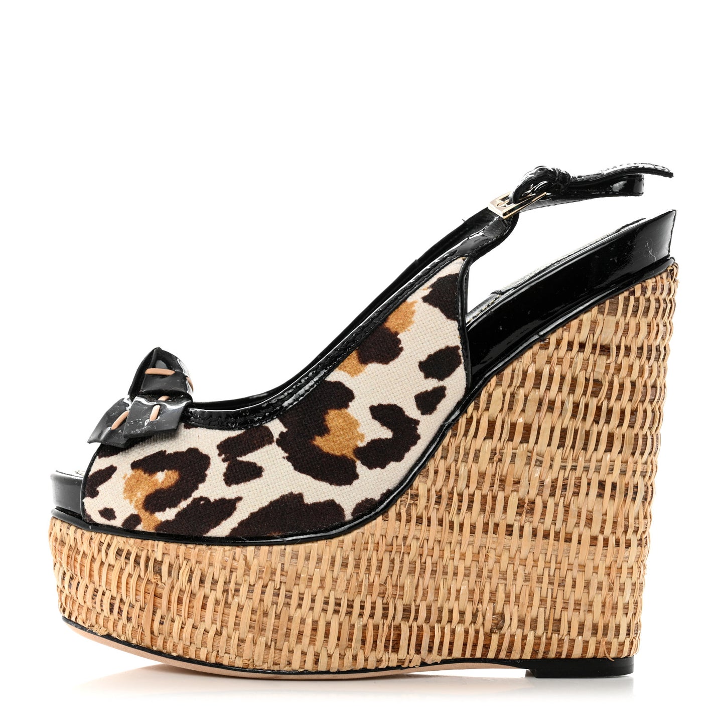 Canvas Leopard Patent Ankle Strap Espadrille Wedges 36 Naturel