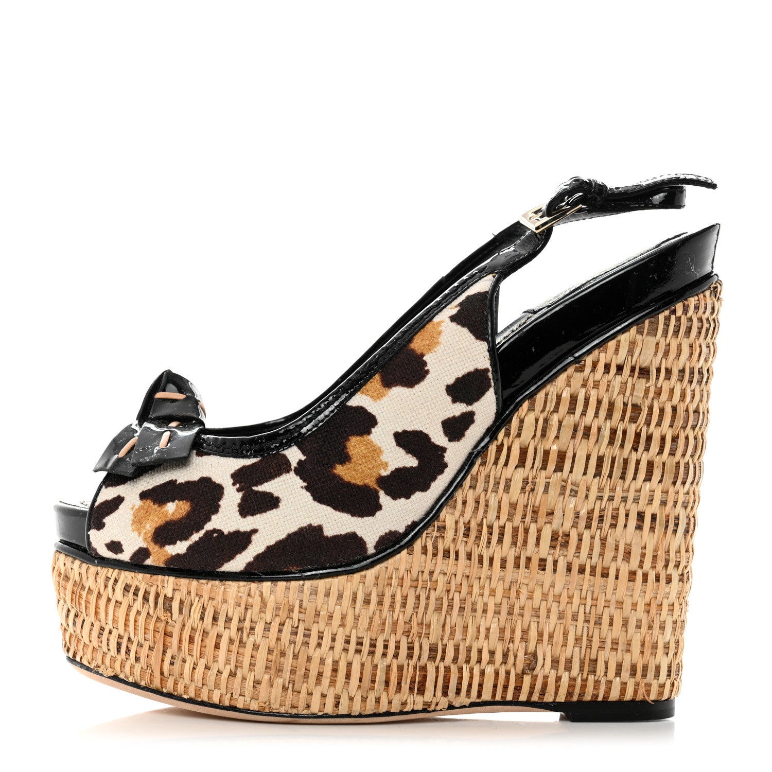 Christian Dior Canvas Leopard Patent Ankle Strap Espadrille Wedges 36 Naturel 1 of 8