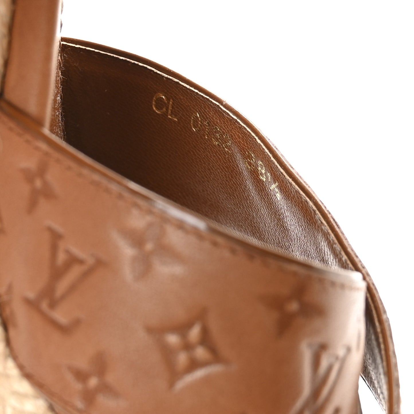 Calfskin Monogram Embossed Espadrille Wedge Sandals 38.5 Cognac