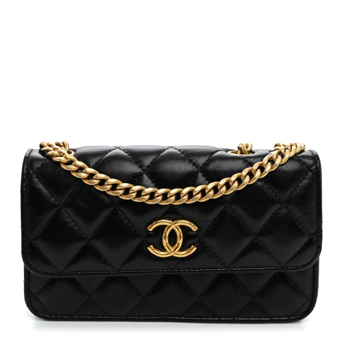 Lambskin Quilted Pillow Crush Flap Phone Holder With Chain Black