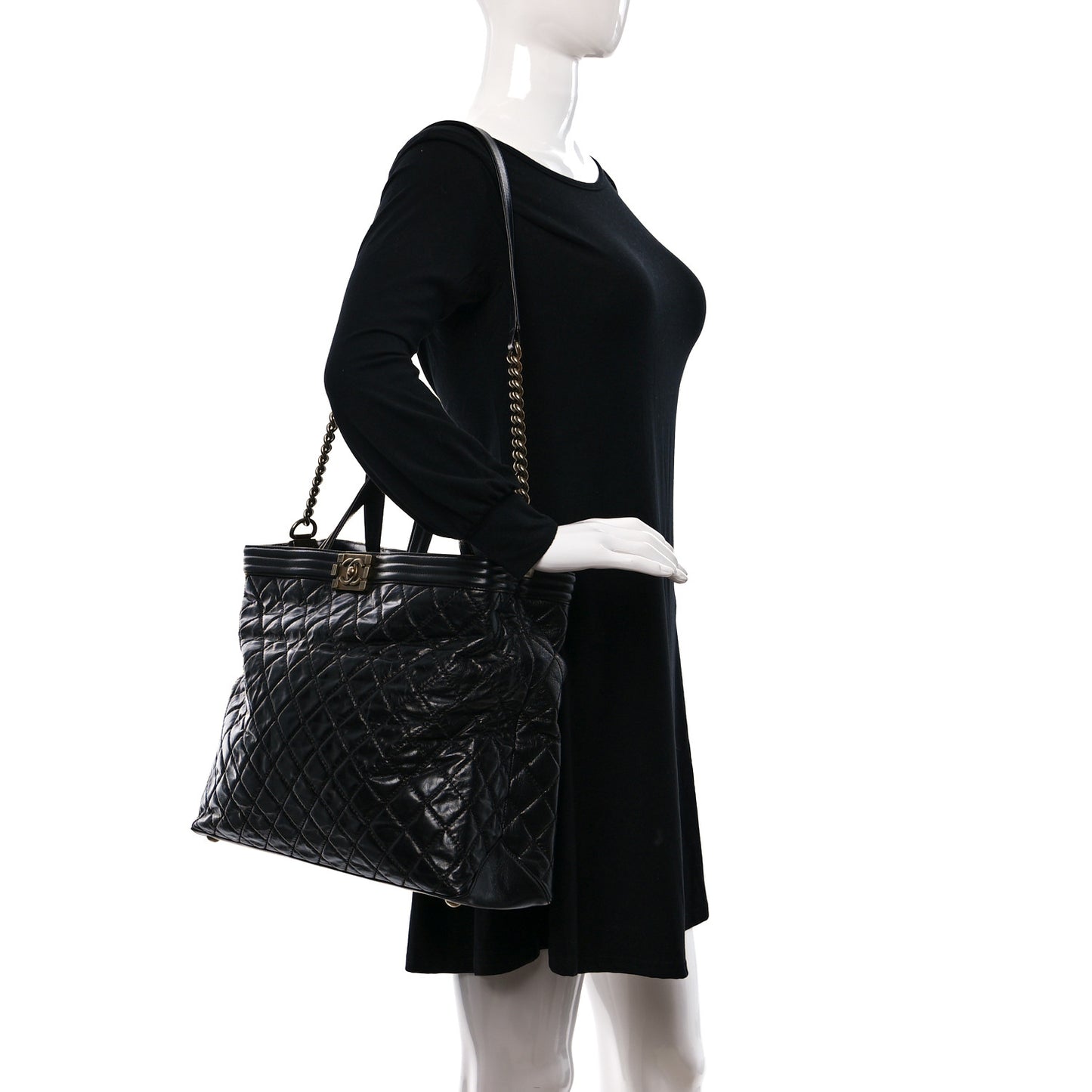 Glazed Calfskin Quilted Large Boy Tote Black