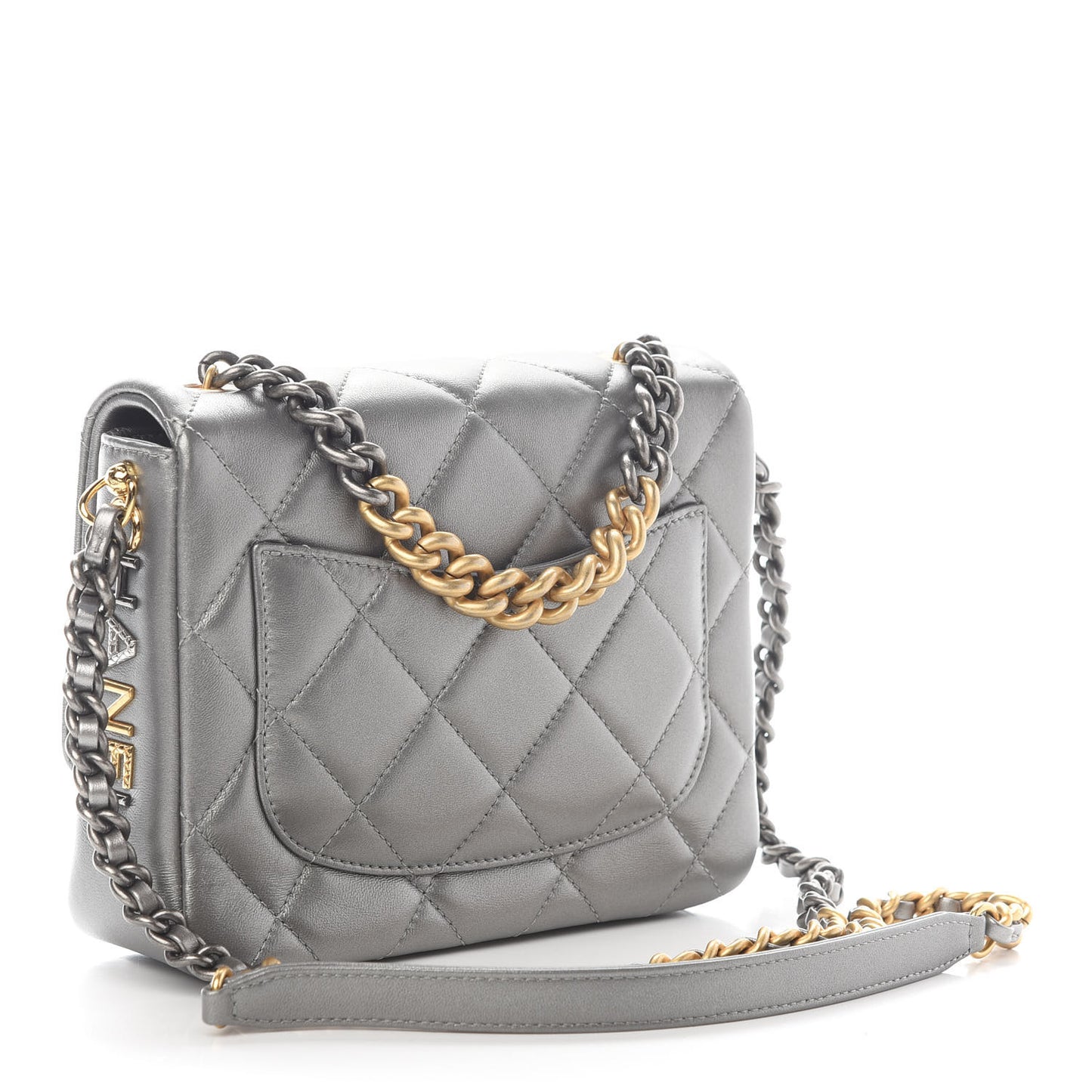 Metallic Lambskin Quilted Small Side Note Flap Grey