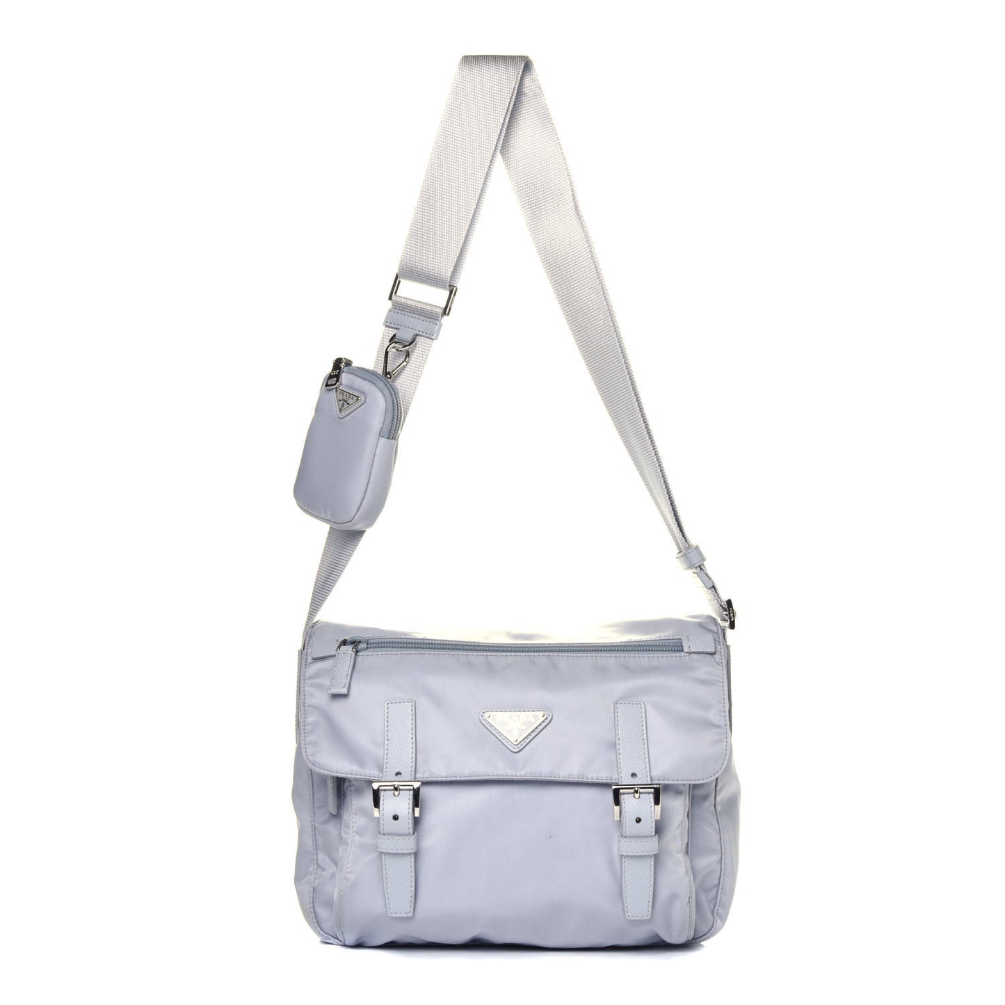 Re-Nylon Vela Saffiano Pocket Double Buckle Messenger Shoulder Bag Fiordaliso