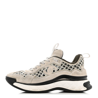 Chanel Suede Calfskin Embroidered CC Sneakers 39 Beige Black 1 of 9