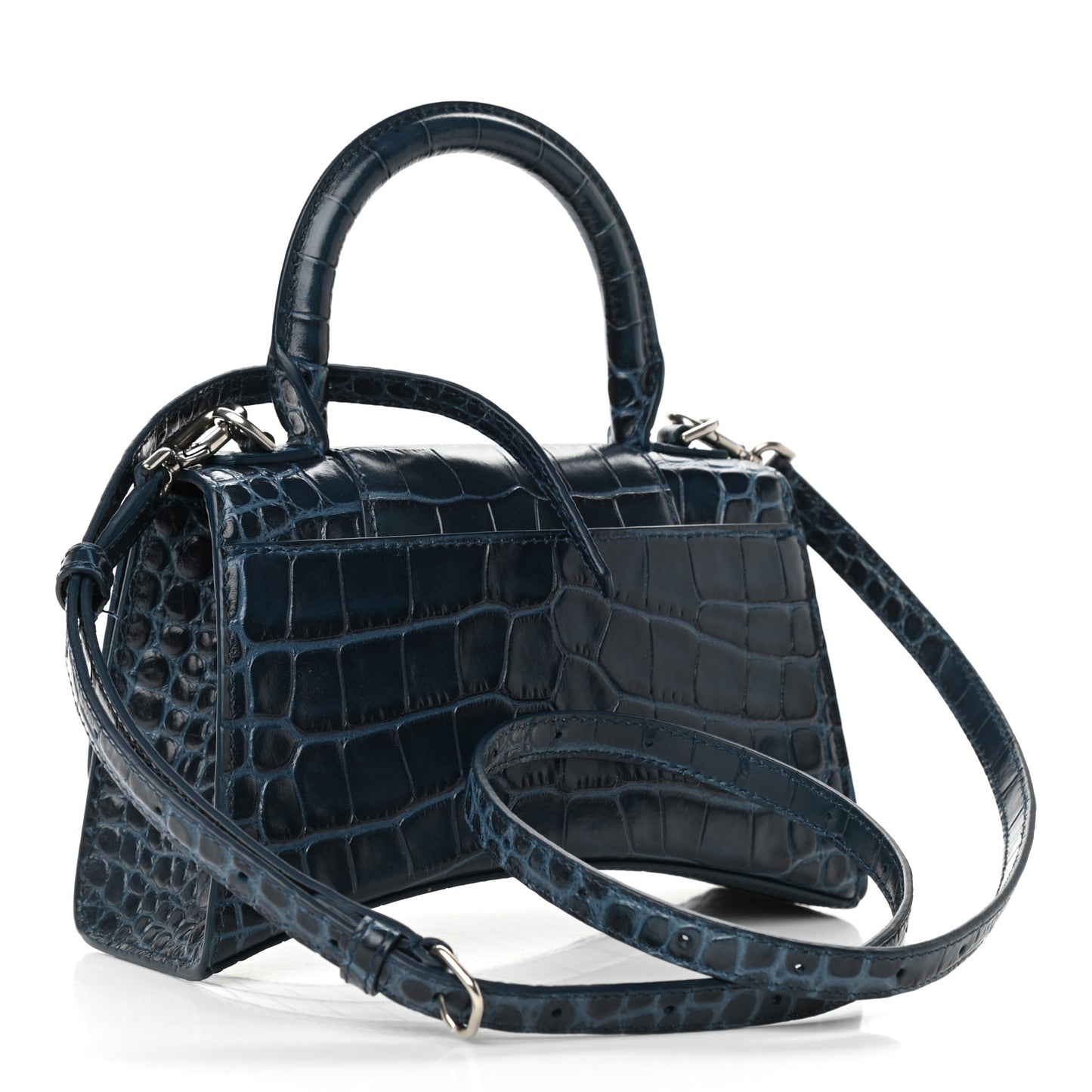 Shiny Calfskin Crocodile Embossed Hourglass Top Handle Bag XS Denim Blue