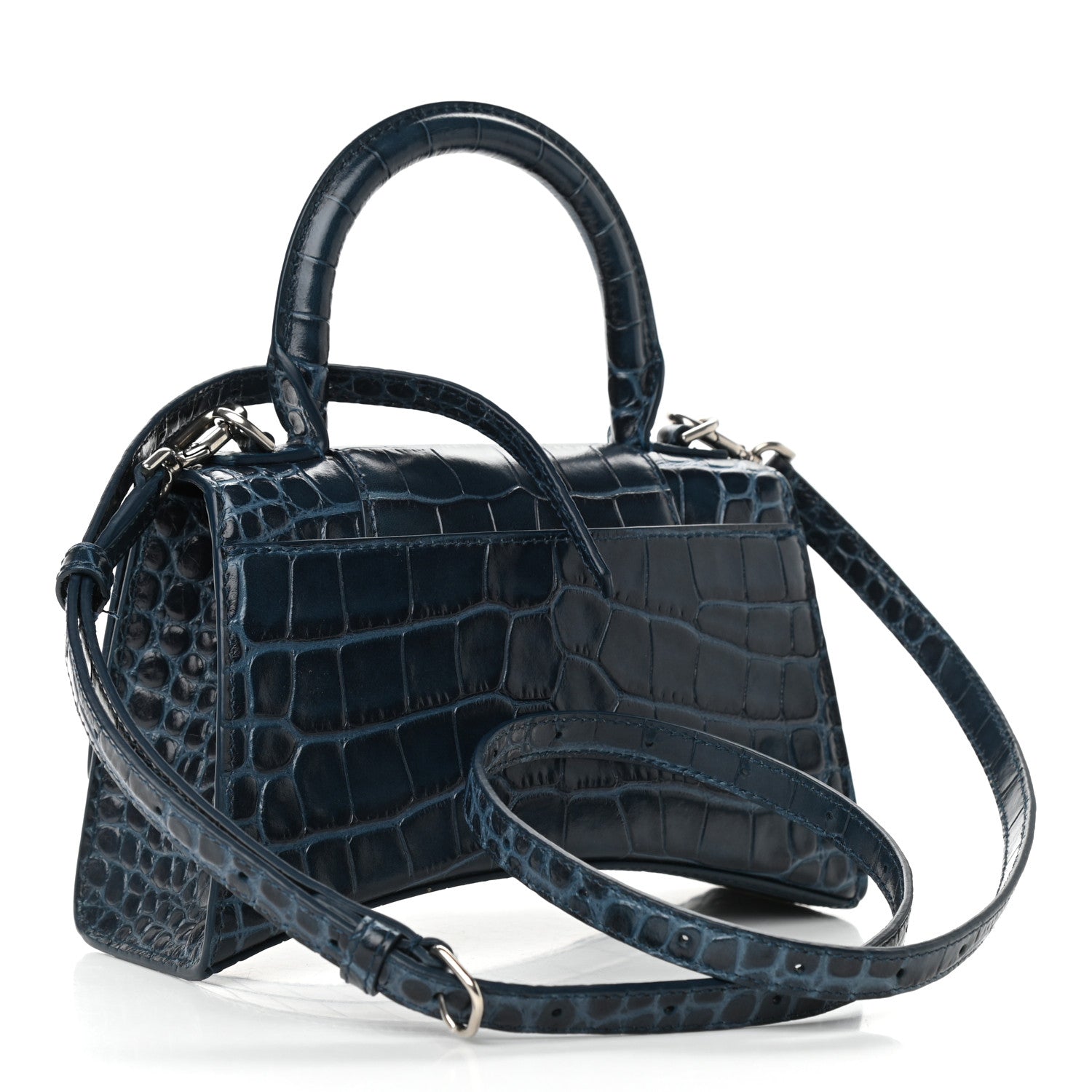Balenciaga Shiny Calfskin Crocodile Embossed Hourglass Top Handle Bag XS Denim Blue 3 of 12